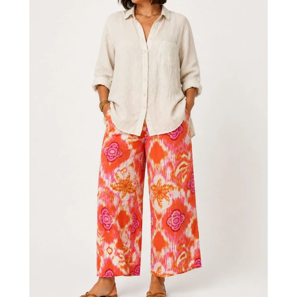 C&C California Linen Blend Wide Leg Pull On Pants XL Pink Orange Boho Resort NWT - Picture 1 of 10